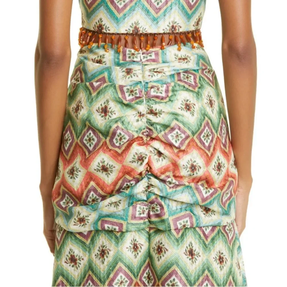 NWT AUTUMN ADEIGBO Soraya Geometric-Print Ruched Bead-Fringe Midi Skirt Size 8